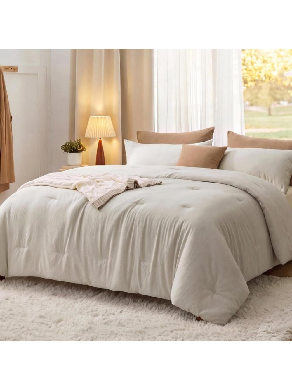 Oversized King Comforter Set, 3-Piece Prewashed Bedding, Soft Beige, 120"x98